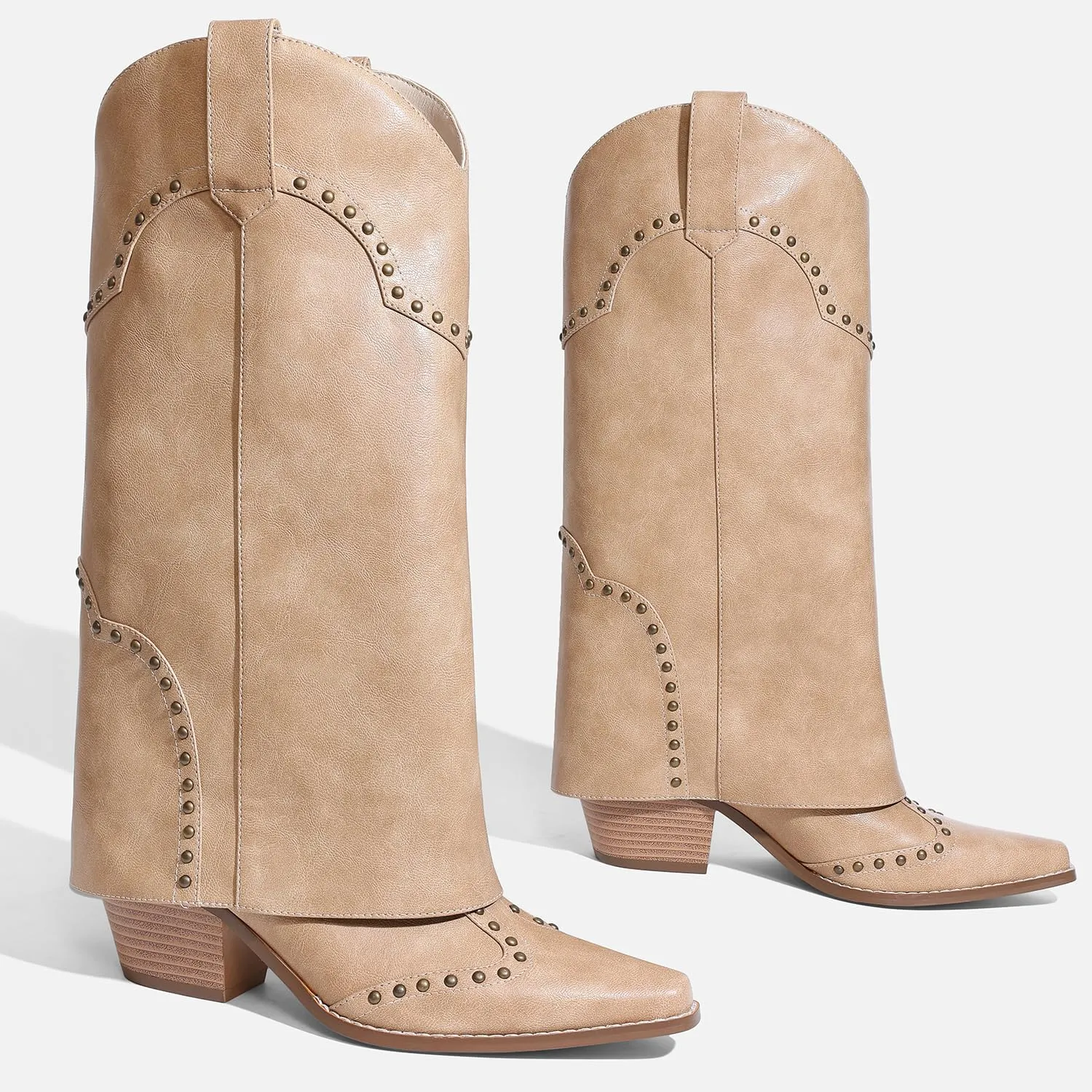 Women Shark Boots Fold Over Mid Calf Chunky Heel Snip Toe Cowboy Cowgirl Pull On Studded Boots for Women