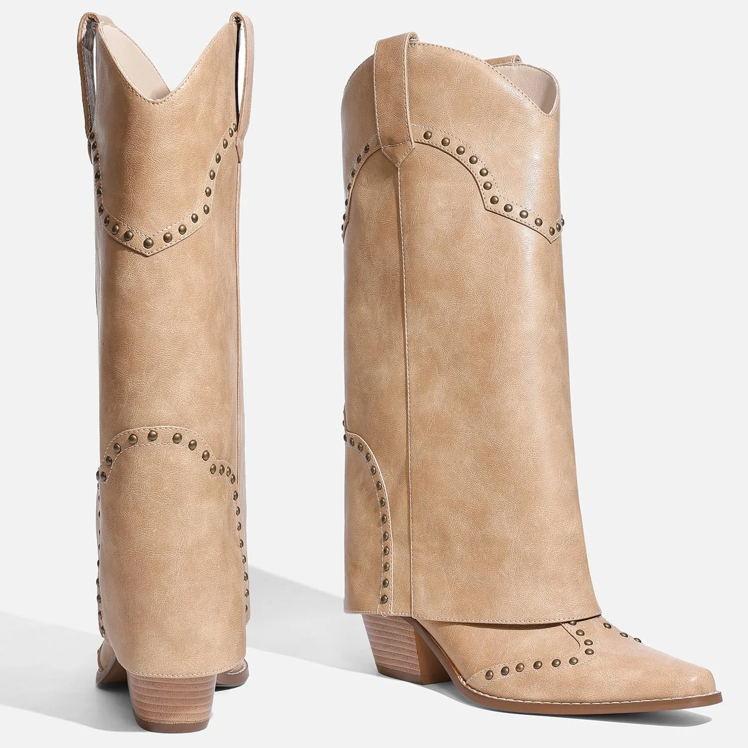 Women Shark Boots Fold Over Mid Calf Chunky Heel Snip Toe Cowboy Cowgirl Pull On Studded Boots for Women