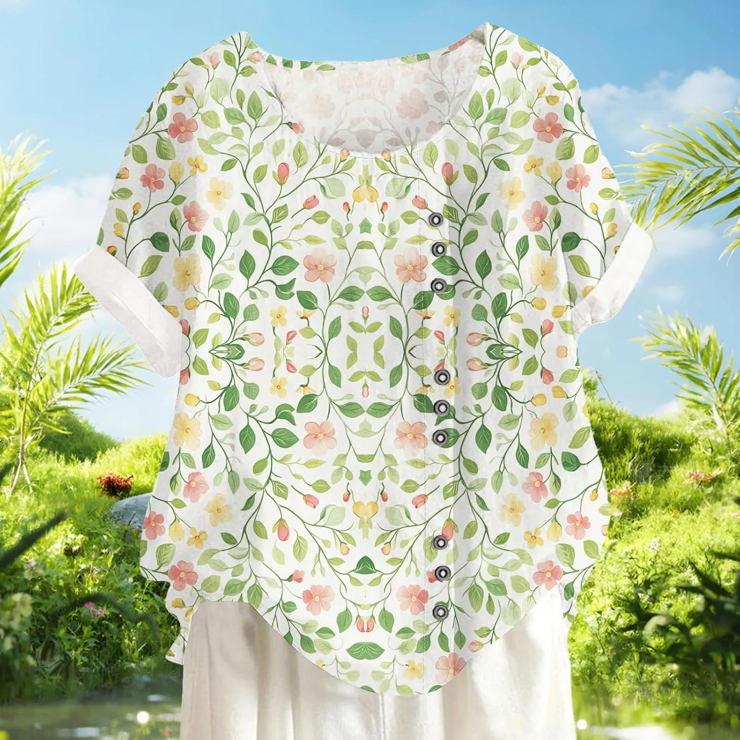 Women Summer Floral Printed Casual T-Shirt Button Decor Bohe Style Tops Hawaiian Vacation Beach Shirt