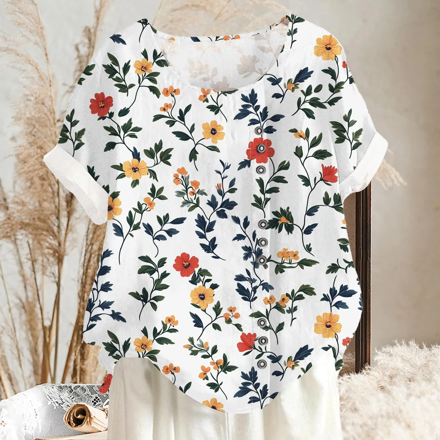 Women Summer Floral Printed Casual T-Shirt Button Decor Bohe Style Tops Hawaiian Vacation Beach Shirt