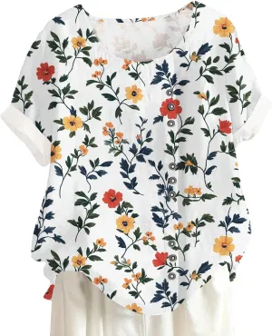 Women Summer Floral Printed Casual T-Shirt Button Decor Bohe Style Tops Hawaiian Vacation Beach Shirt