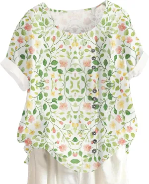 Women Summer Floral Printed Casual T-Shirt Button Decor Bohe Style Tops Hawaiian Vacation Beach Shirt
