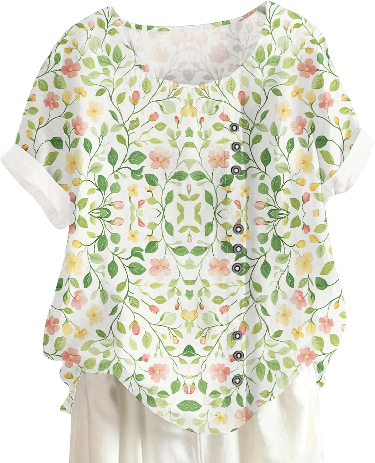 Women Summer Floral Printed Casual T-Shirt Button Decor Bohe Style Tops Hawaiian Vacation Beach Shirt