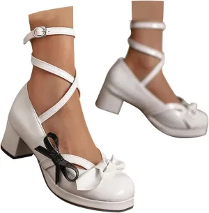 Women Summer lace-up heels Bow Decorated Casual Comfortable Lightweight Chunky Heel Sandals Bright Leather Block Color Closed Toe Stylish Slip on Sandals for Women