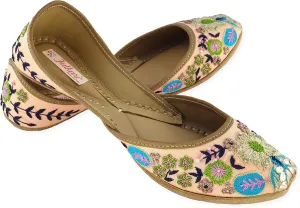 Women's Amaryllis Gold Multi Toned 100% Genuine Soft Leather Jutis | Bite and Pinch Free Juti| Punjabi Formal Jutti | Girl's Wedding Flat Jooti Ladies Mojari | Bridal Ethnic Flats |