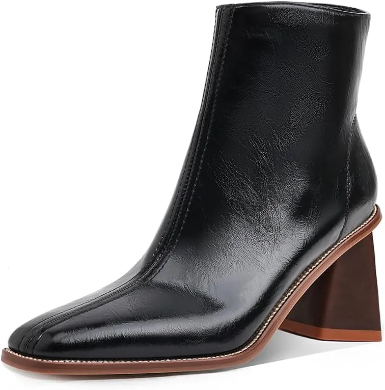 Womens Ankle Boots Zipper Chunky Mid Heel Boot Retro Square Pointed Toe Short Boots Heeled Shoes for Women Fall Winter