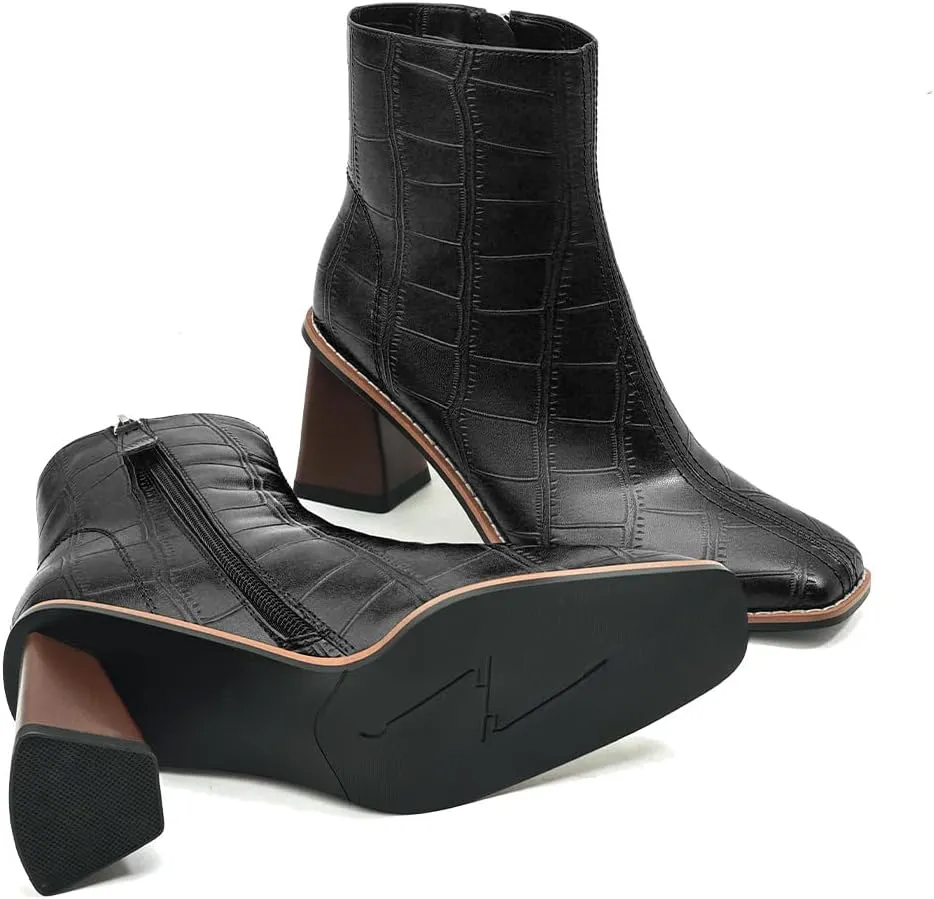 Womens Ankle Boots Zipper Chunky Mid Heel Boot Retro Square Pointed Toe Short Boots Heeled Shoes for Women Fall Winter
