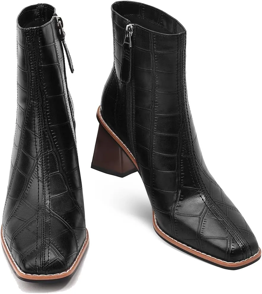 Womens Ankle Boots Zipper Chunky Mid Heel Boot Retro Square Pointed Toe Short Boots Heeled Shoes for Women Fall Winter