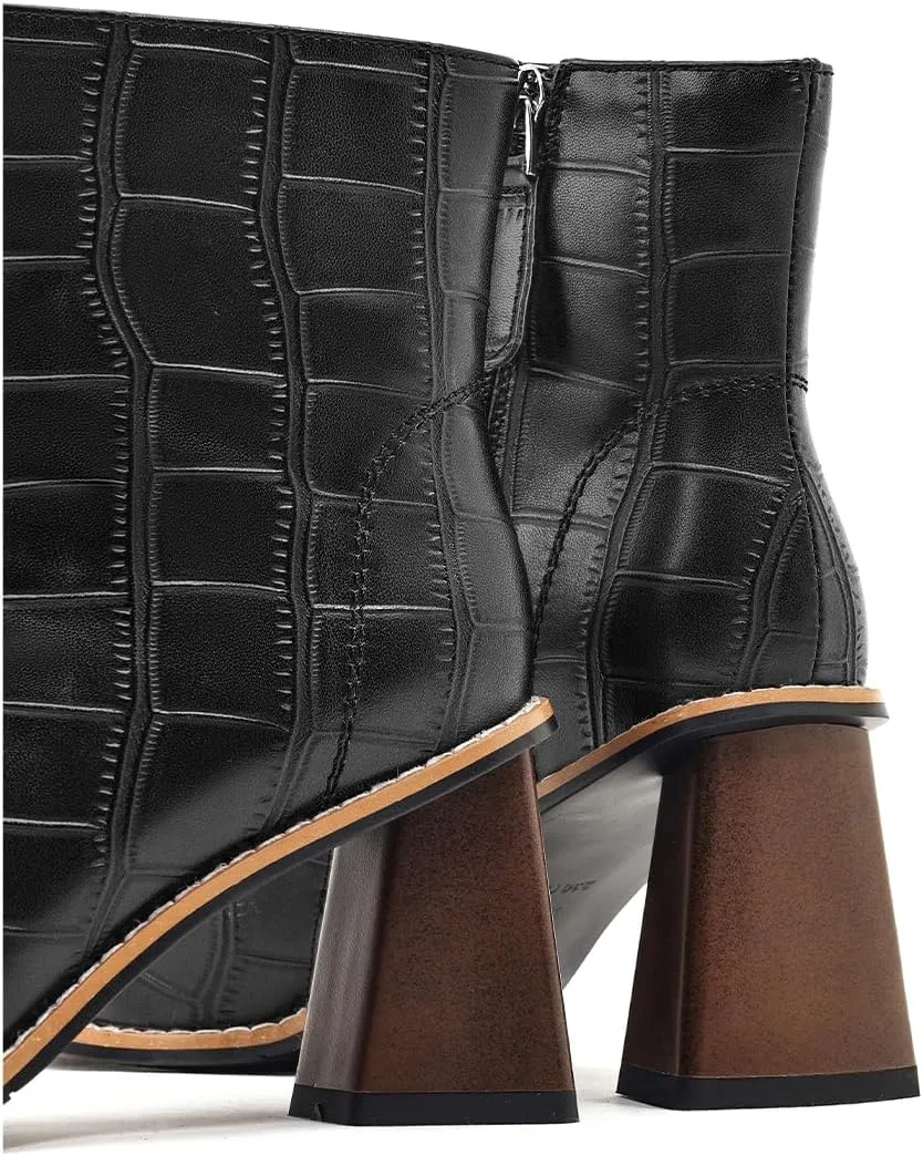 Womens Ankle Boots Zipper Chunky Mid Heel Boot Retro Square Pointed Toe Short Boots Heeled Shoes for Women Fall Winter