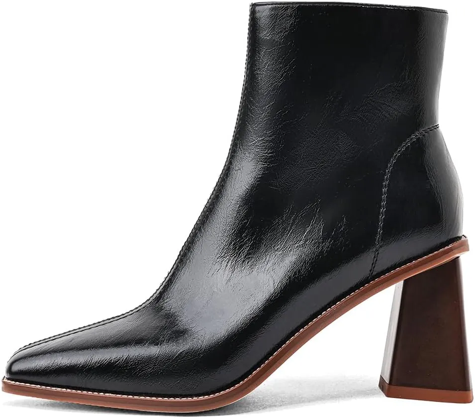 Womens Ankle Boots Zipper Chunky Mid Heel Boot Retro Square Pointed Toe Short Boots Heeled Shoes for Women Fall Winter