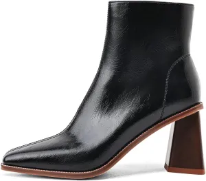 Womens Ankle Boots Zipper Chunky Mid Heel Boot Retro Square Pointed Toe Short Boots Heeled Shoes for Women Fall Winter