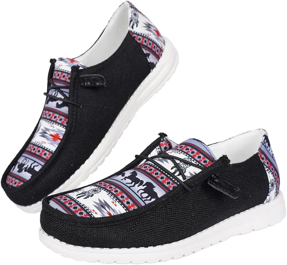 Women's Aztec Print Pattern Canvas Loafer Shoes Ethnic Lace-up Slip-on Sneakers Wide Width and Arch Support Lightweight Walking Breathable Shoes Comfort, Color Blue Brown Rose-Red