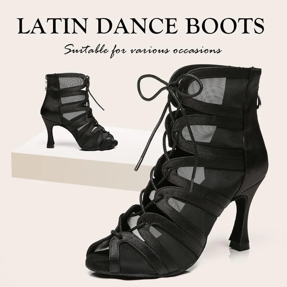 Women's Ballroom Ankle Dance Boots Lace-up Open-Toe Practice Latin Salsa Dancing Boots,Model YC-L444-Suede Sole-3.33” Heel