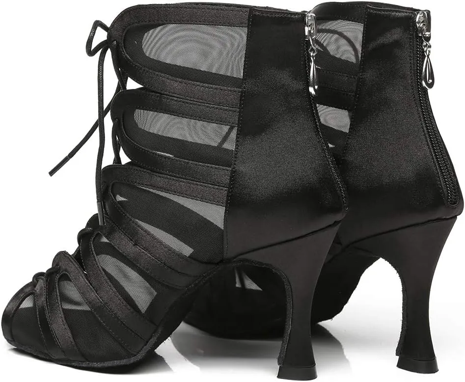 Women's Ballroom Ankle Dance Boots Lace-up Open-Toe Practice Latin Salsa Dancing Boots,Model YC-L444-Suede Sole-3.33” Heel