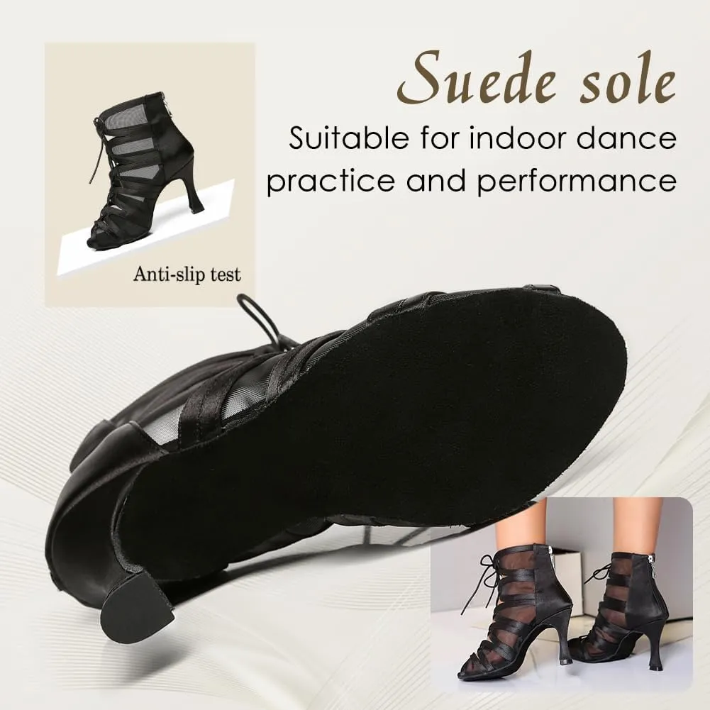 Women's Ballroom Ankle Dance Boots Lace-up Open-Toe Practice Latin Salsa Dancing Boots,Model YC-L444-Suede Sole-3.33” Heel