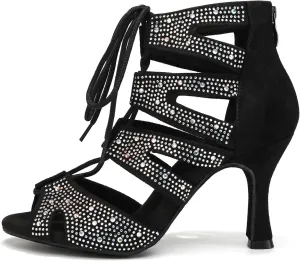 Women's Ballroom Latin Salsa Dance Shoes Lace-Up Open-Toe Dance Boots Heels,YCL570