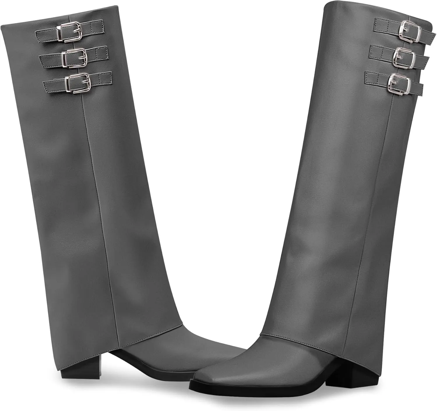 Women's Block High Heel Square Toe Buckle Strap Fold Over Knee High Boots