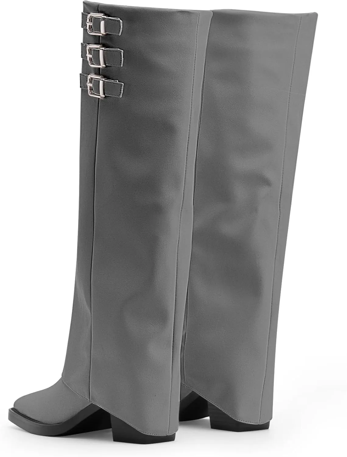Women's Block High Heel Square Toe Buckle Strap Fold Over Knee High Boots