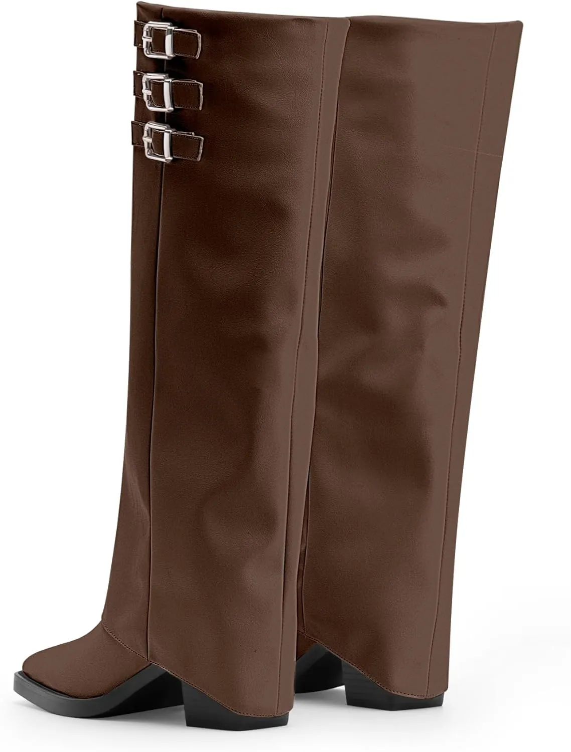 Women's Block High Heel Square Toe Buckle Strap Fold Over Knee High Boots