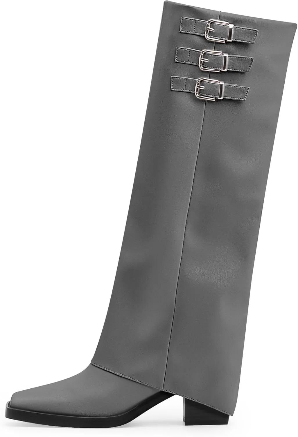 Women's Block High Heel Square Toe Buckle Strap Fold Over Knee High Boots