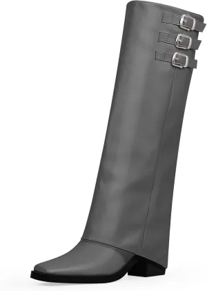 Women's Block High Heel Square Toe Buckle Strap Fold Over Knee High Boots