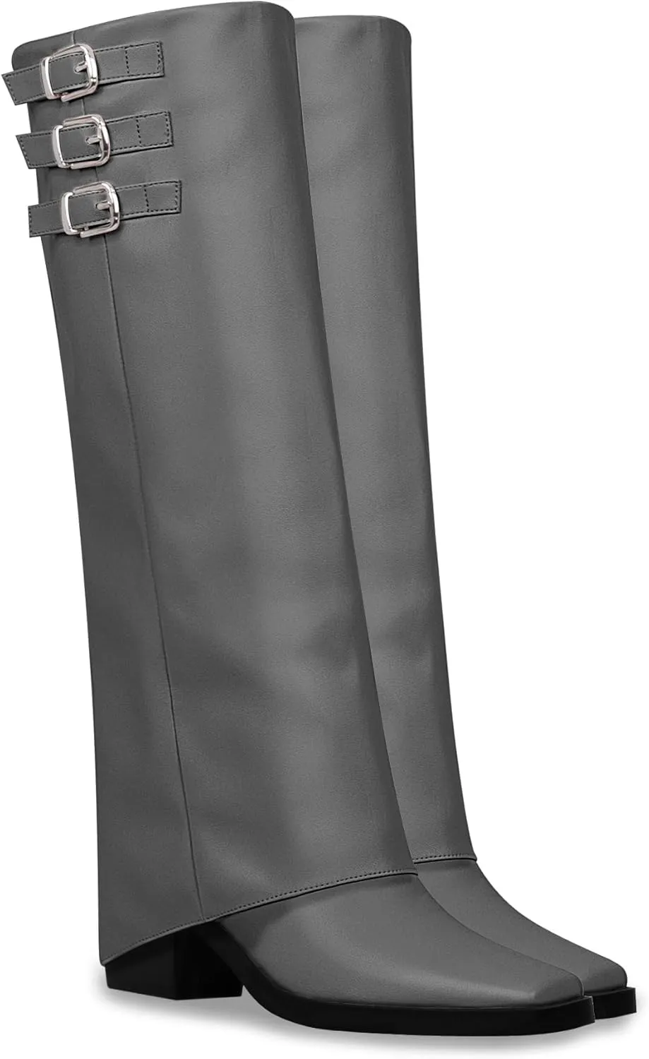 Women's Block High Heel Square Toe Buckle Strap Fold Over Knee High Boots