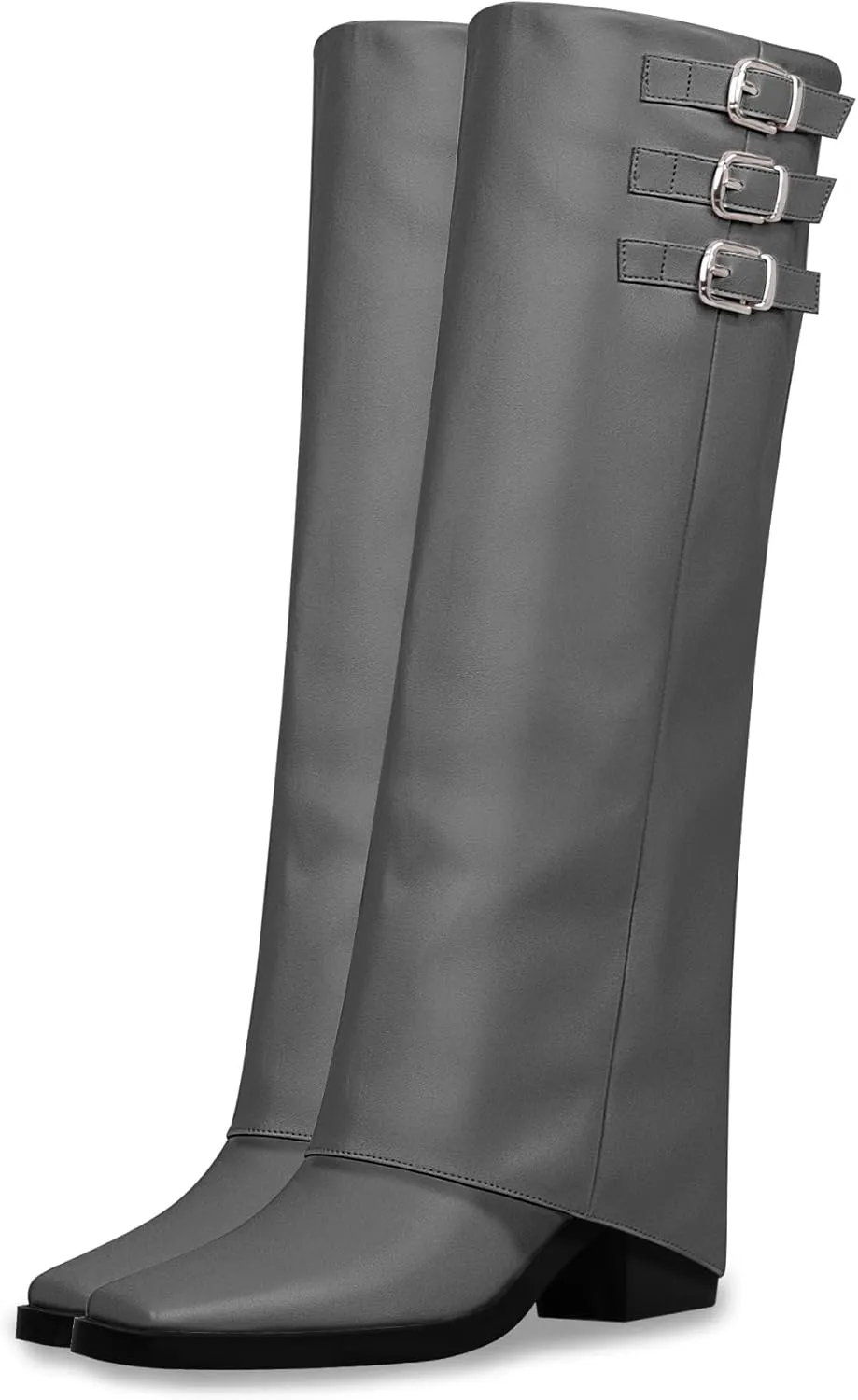 Women's Block High Heel Square Toe Buckle Strap Fold Over Knee High Boots