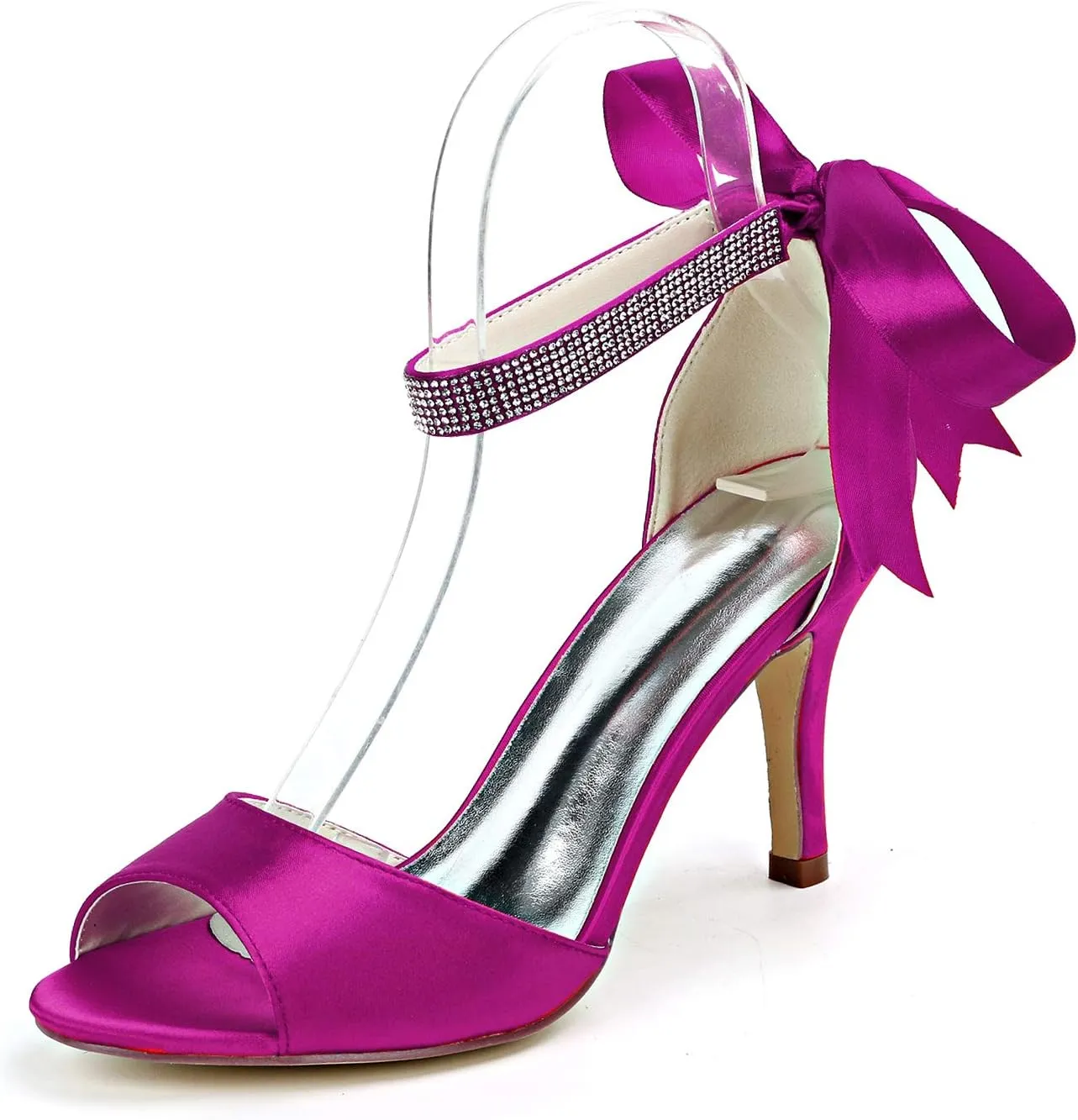 Women's Bridal Shoes Peep Toe Stiletto Heel Satin Pumps Ribbon Tie Wedding Sandals Shoes,Purple,6