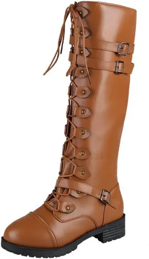 Women's Buckle Chunky Low Flat Heel Knee High Boot Side lace-up Zipper Round Toe Comfortable Casual Leather Dress Riding Combat Boot