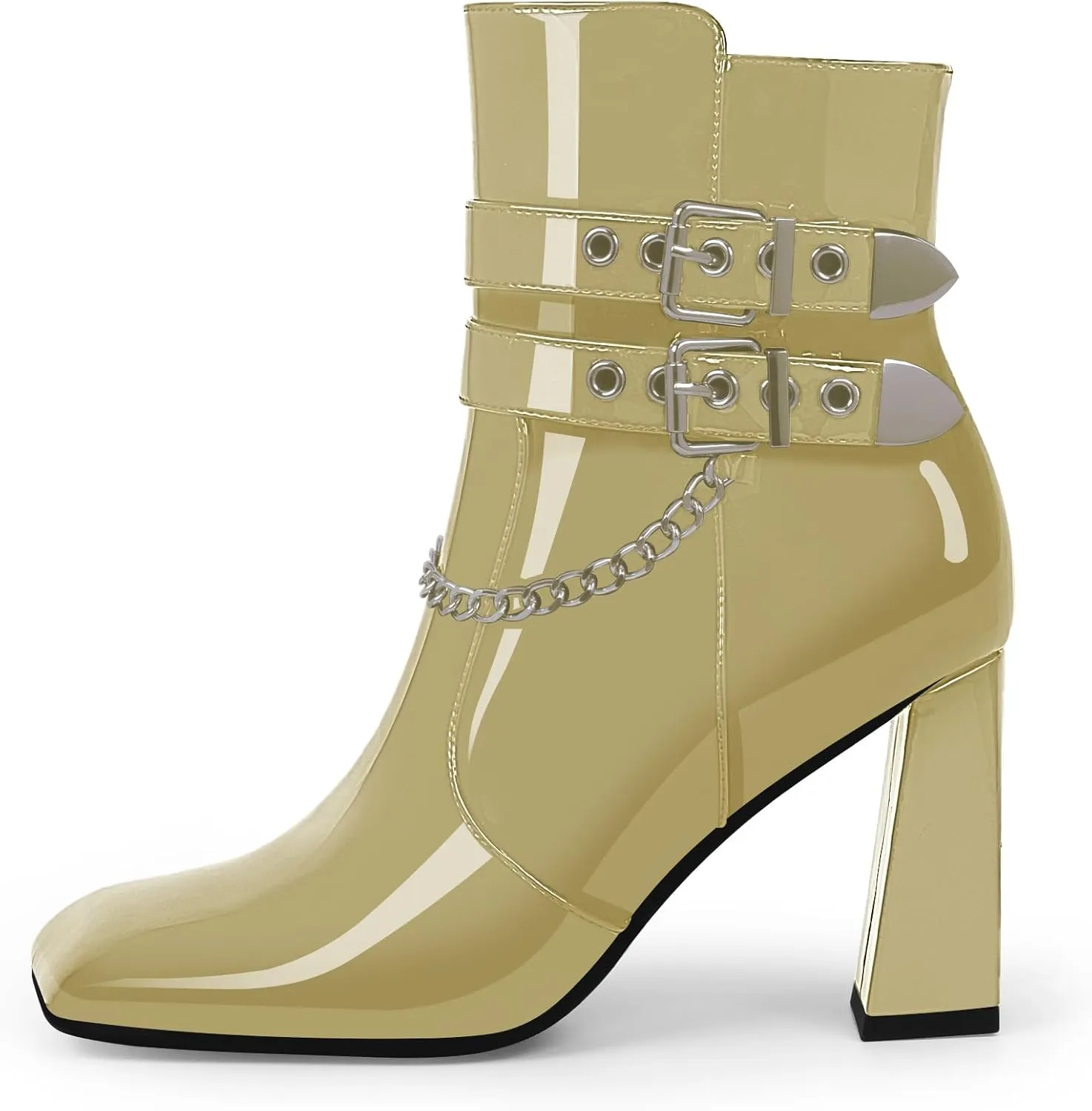 Women's Chain Goth Chunky High HeelBuckle Strap Ankle Boots Square Toe Booties