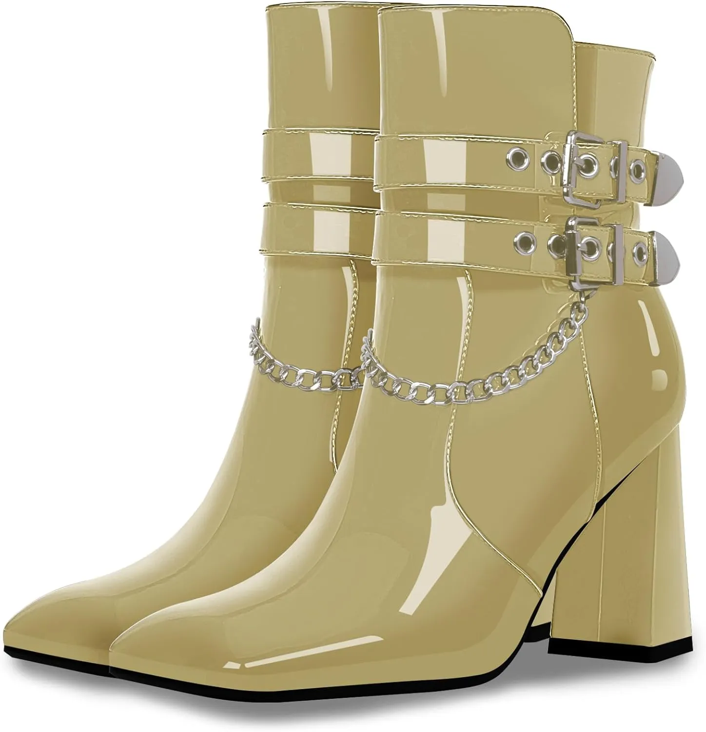 Women's Chain Goth Chunky High HeelBuckle Strap Ankle Boots Square Toe Booties