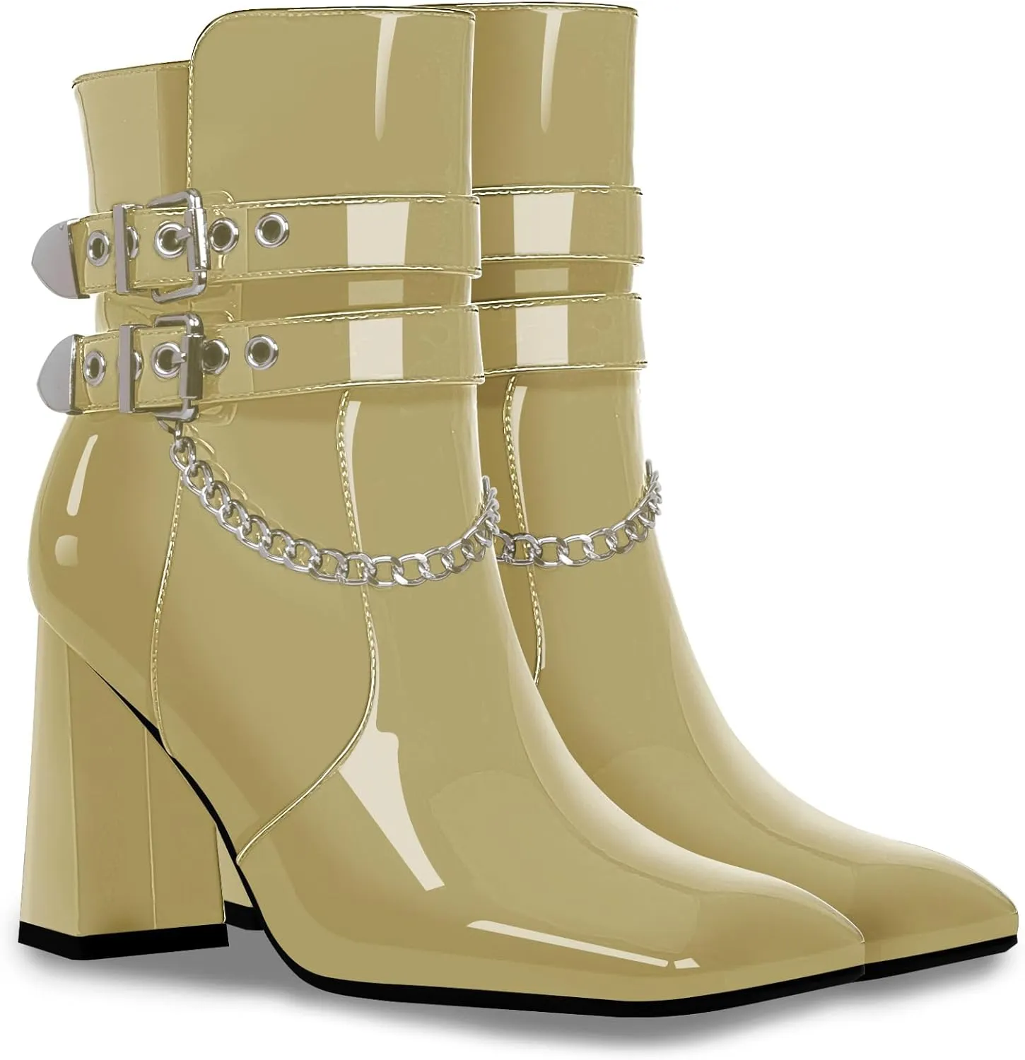 Women's Chain Goth Chunky High HeelBuckle Strap Ankle Boots Square Toe Booties