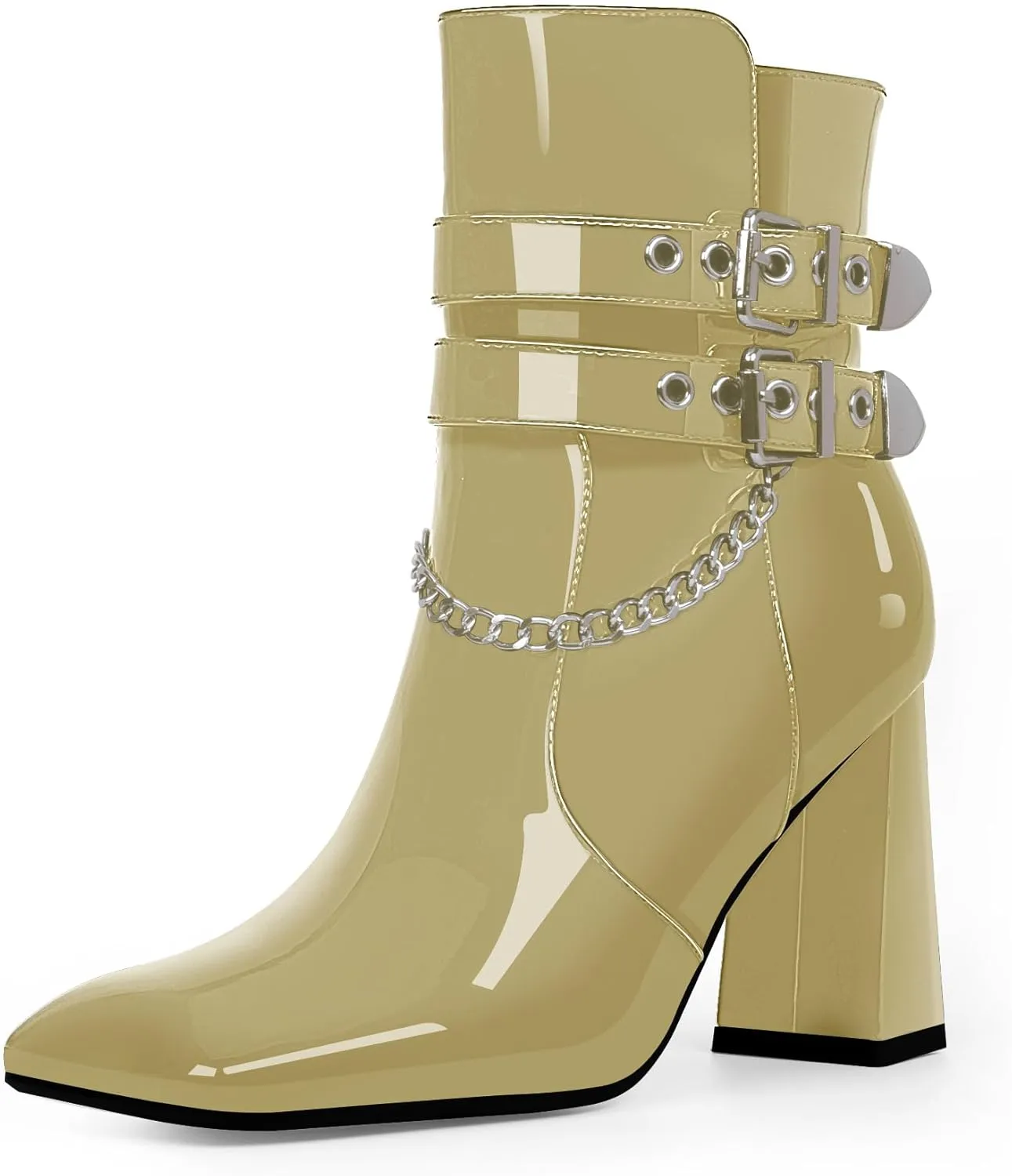 Women's Chain Goth Chunky High HeelBuckle Strap Ankle Boots Square Toe Booties