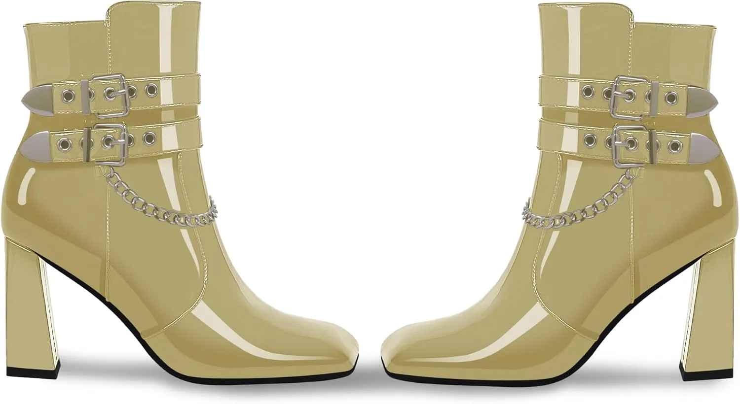 Women's Chain Goth Chunky High HeelBuckle Strap Ankle Boots Square Toe Booties