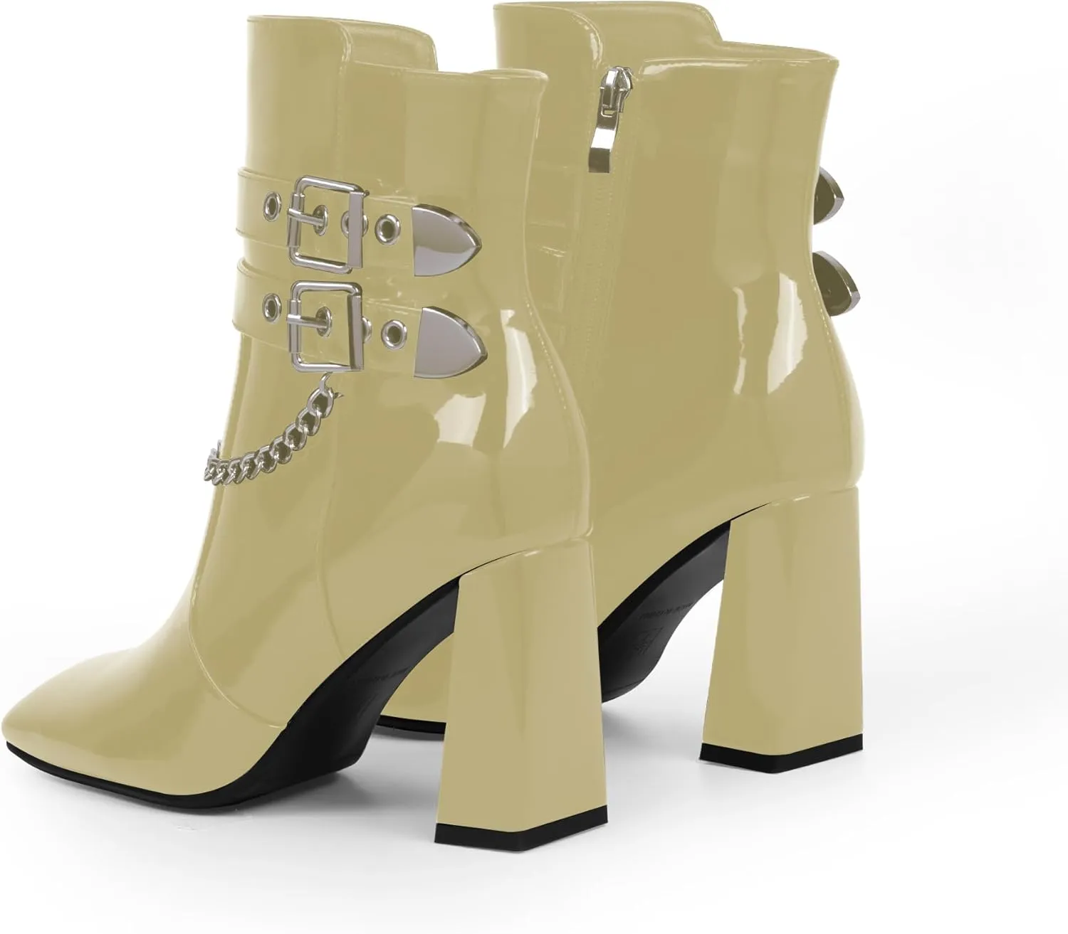 Women's Chain Goth Chunky High HeelBuckle Strap Ankle Boots Square Toe Booties
