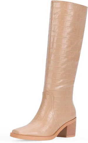 Women's Chunky Heel Square Toe Knee High Boots Slip On Patent Leather Crocodile Boots
