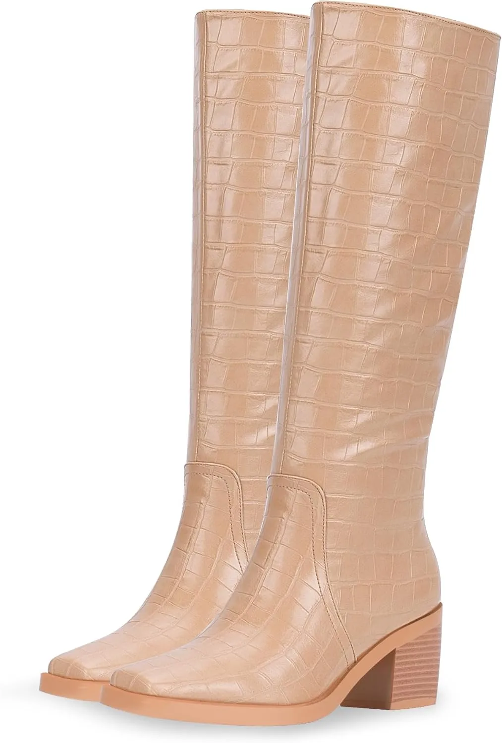 Women's Chunky Heel Square Toe Knee High Boots Slip On Patent Leather Crocodile Boots