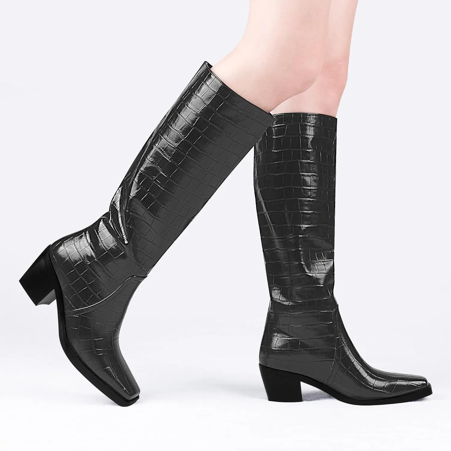 Women's Chunky Heel Square Toe Knee High Boots Slip On Patent Leather Crocodile Boots