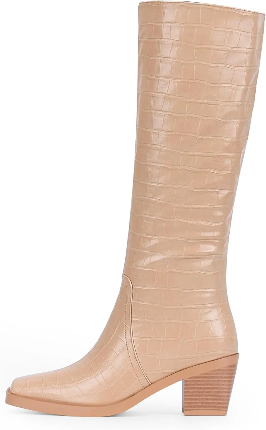 Women's Chunky Heel Square Toe Knee High Boots Slip On Patent Leather Crocodile Boots