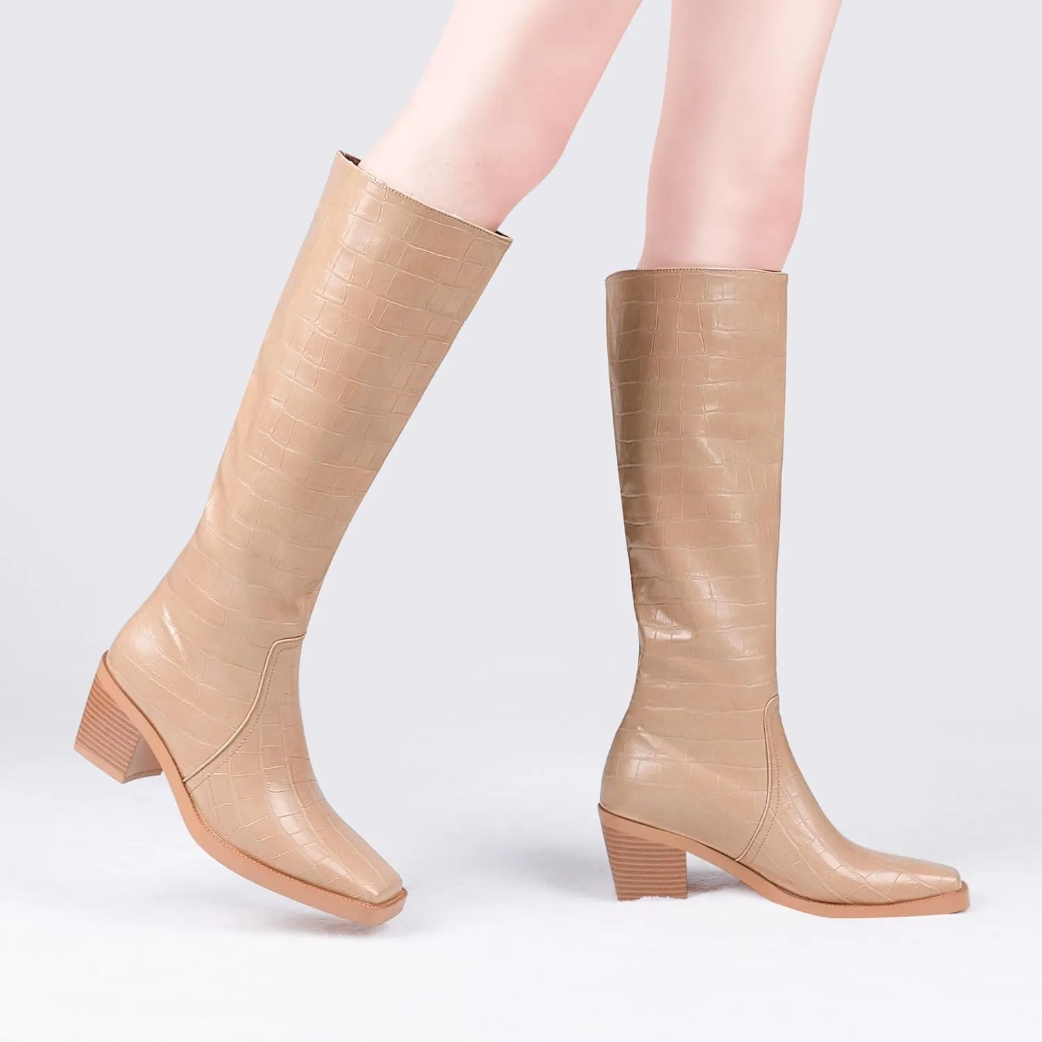 Women's Chunky Heel Square Toe Knee High Boots Slip On Patent Leather Crocodile Boots