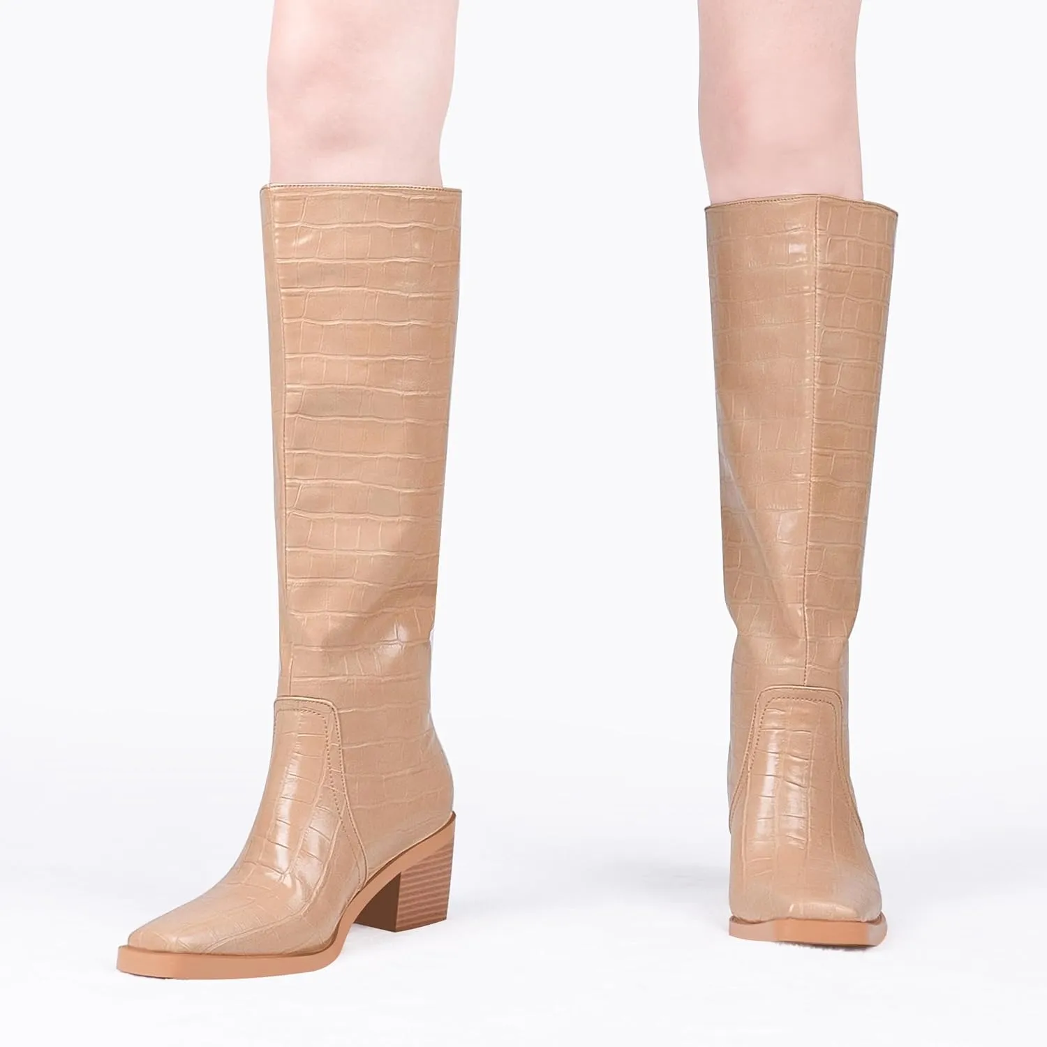 Women's Chunky Heel Square Toe Knee High Boots Slip On Patent Leather Crocodile Boots