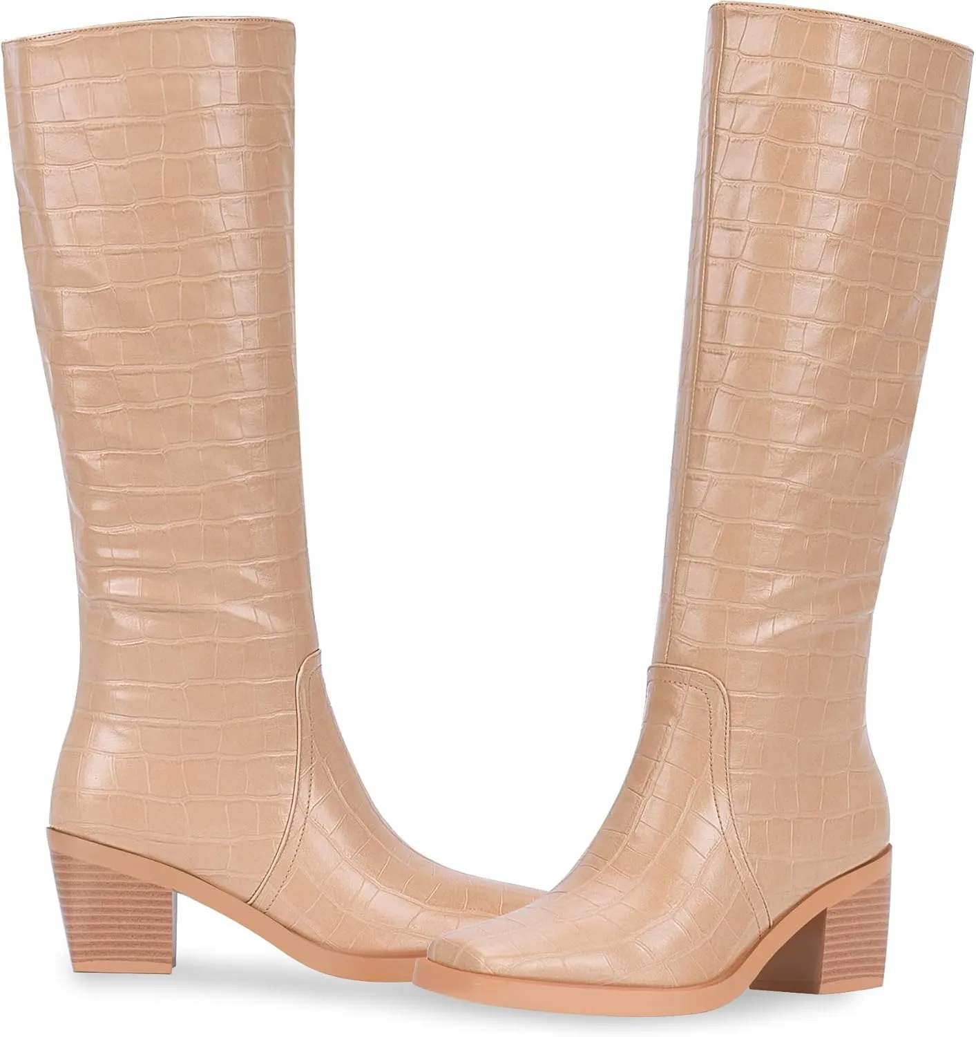 Women's Chunky Heel Square Toe Knee High Boots Slip On Patent Leather Crocodile Boots