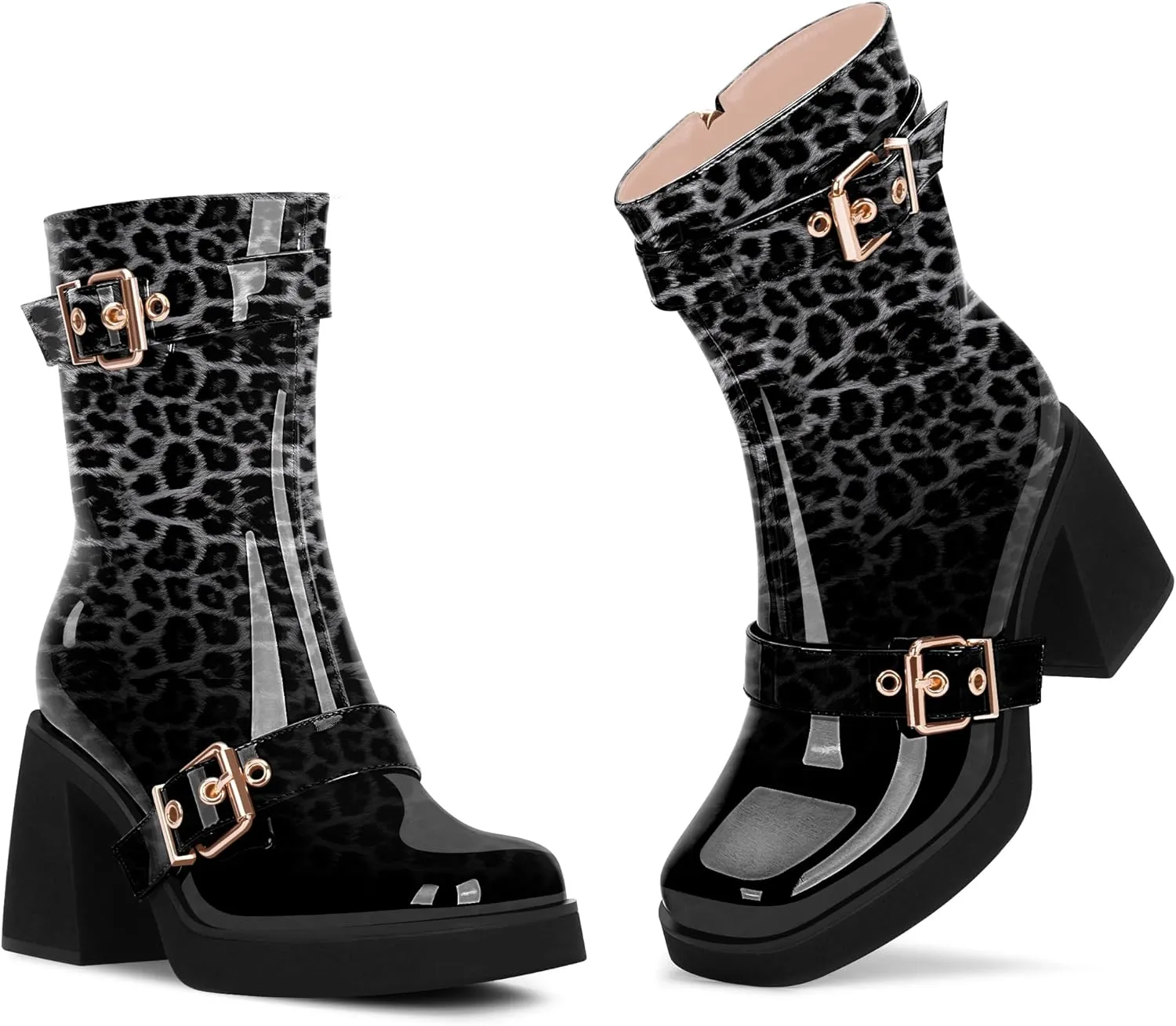 Women's Chunky Heel Square Toe Platform Buckle Strap Mid Calf Boots