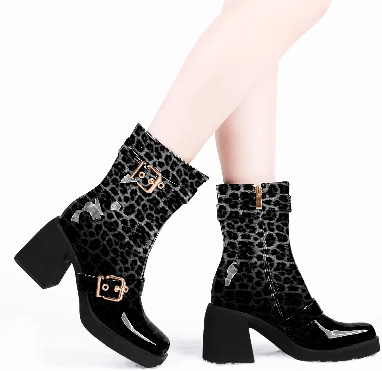 Women's Chunky Heel Square Toe Platform Buckle Strap Mid Calf Boots
