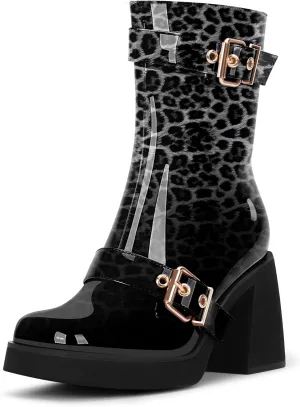 Women's Chunky Heel Square Toe Platform Buckle Strap Mid Calf Boots