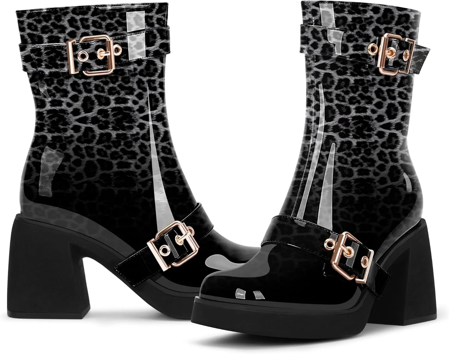Women's Chunky Heel Square Toe Platform Buckle Strap Mid Calf Boots