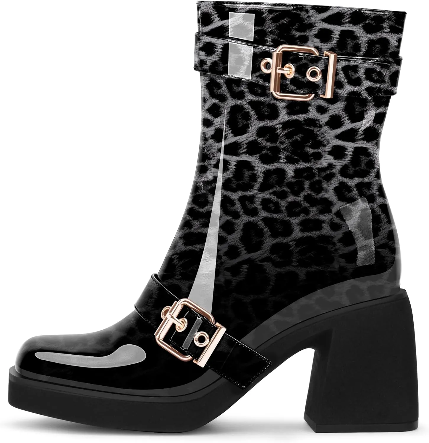 Women's Chunky Heel Square Toe Platform Buckle Strap Mid Calf Boots