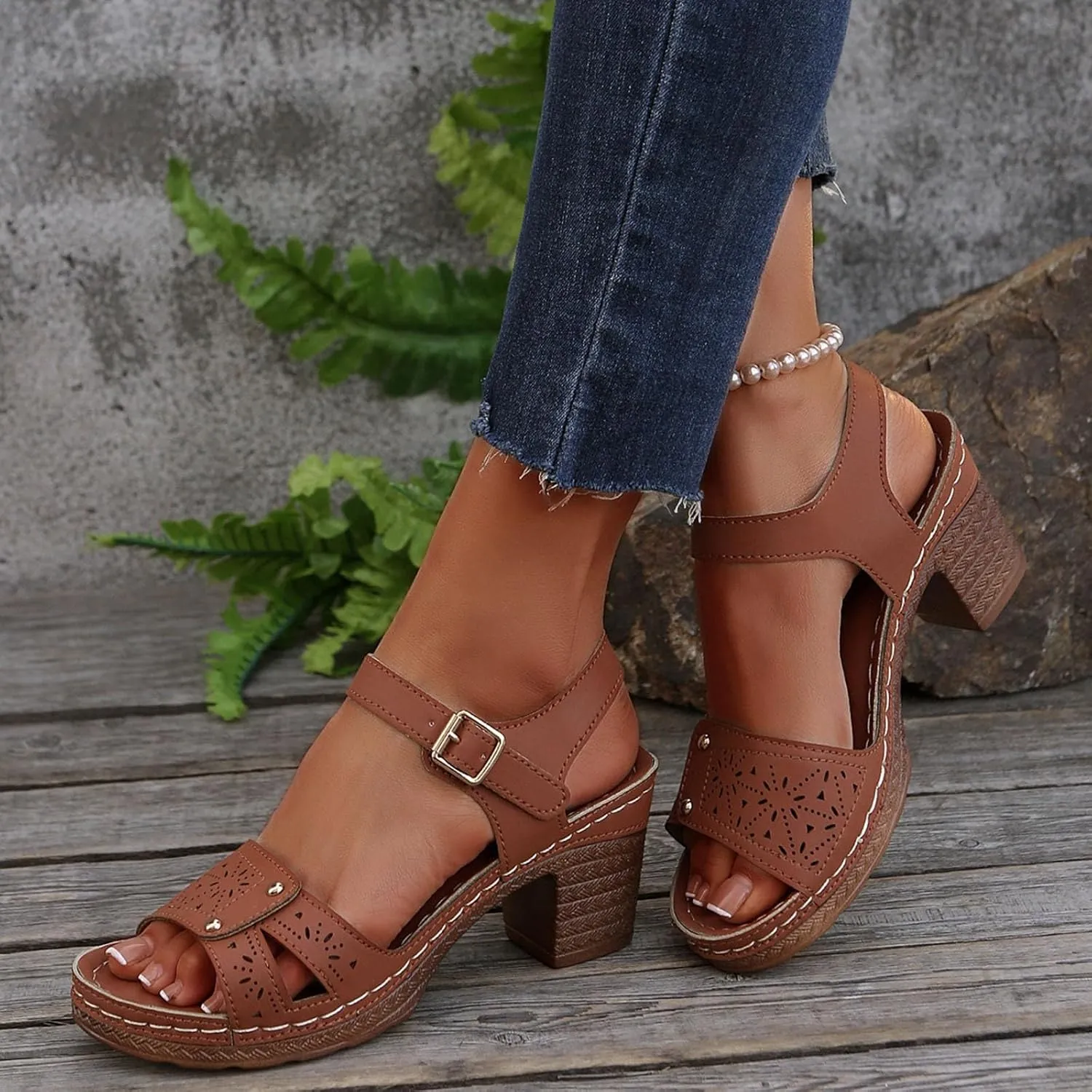 Women'S Chunky High Heel Platform Sandals 2025 Summer Casual Hollow Out Classic Lightweight Sandal Beach Adjustable Ankle Strap Dressy Outdoor Walking Working Shoes