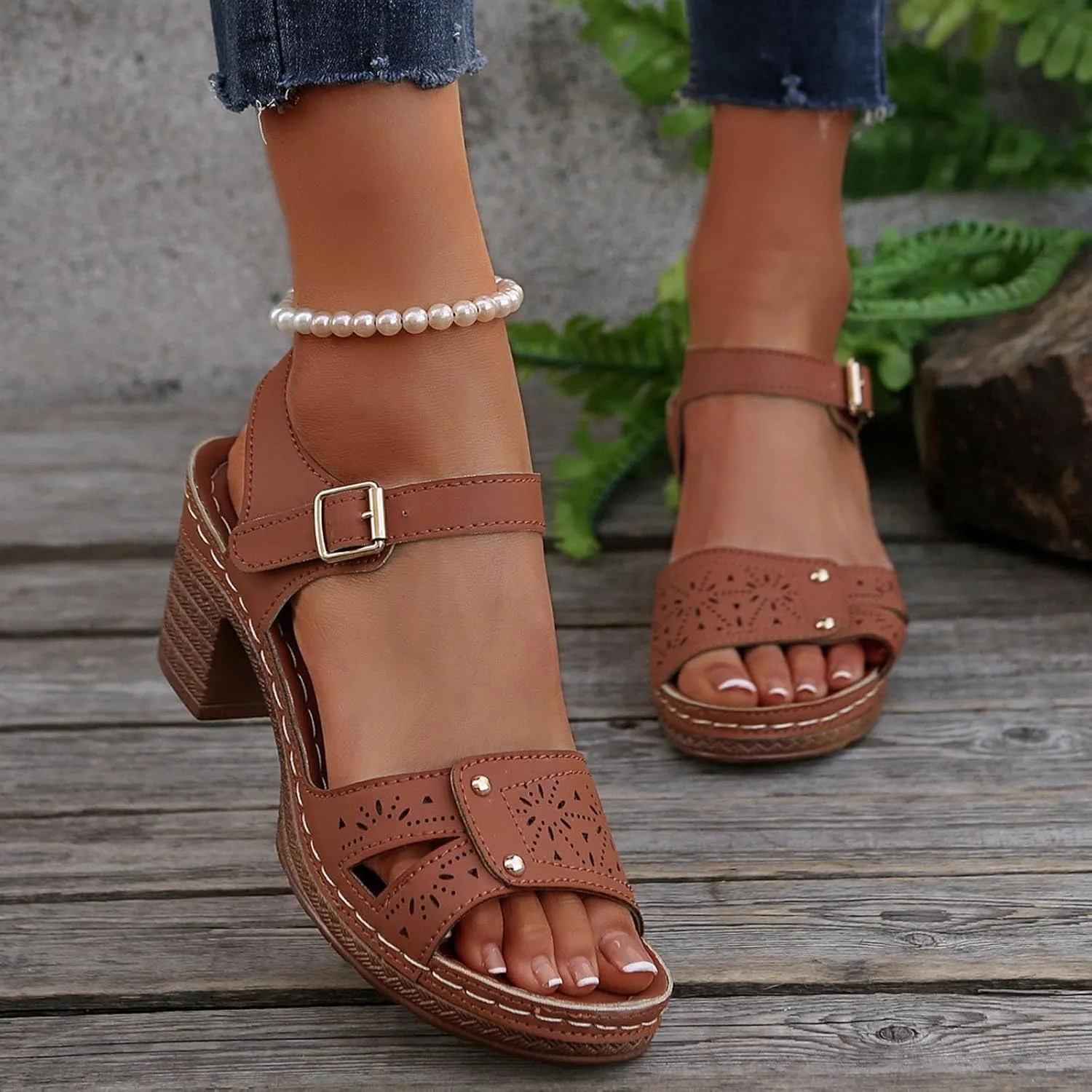 Women'S Chunky High Heel Platform Sandals 2025 Summer Casual Hollow Out Classic Lightweight Sandal Beach Adjustable Ankle Strap Dressy Outdoor Walking Working Shoes