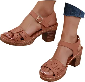 Women'S Chunky High Heel Platform Sandals 2025 Summer Casual Hollow Out Classic Lightweight Sandal Beach Adjustable Ankle Strap Dressy Outdoor Walking Working Shoes